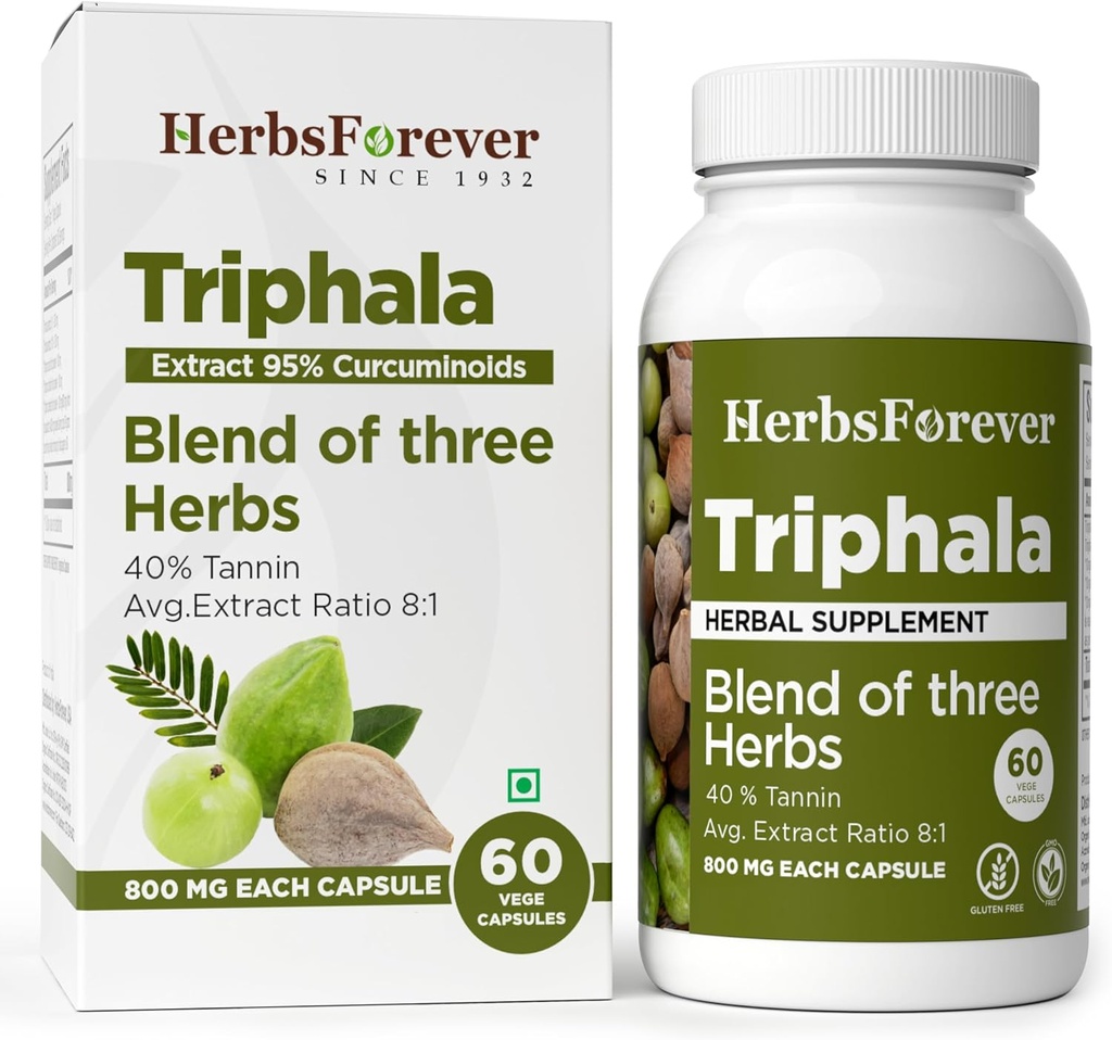 Triphala Capsules Extract Ratio (8:1) 40% Amla, Haritaki & Bibhitaki para la desintoxicación diaria, limpieza, " Rejuvenecimiento de 60 cápsulas Vege