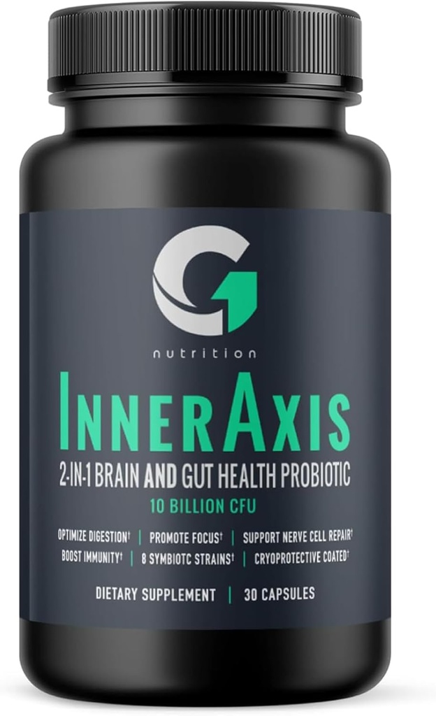 InnerAxis 2-in-1 Brain and Gut Health Probiotic, 10 Billion CFU, 8 Strains Symbiotic para Gut, Psychobiotic, Mood and Brain Support, Acidophilus Probiotic for Women and Men, 30 Servings