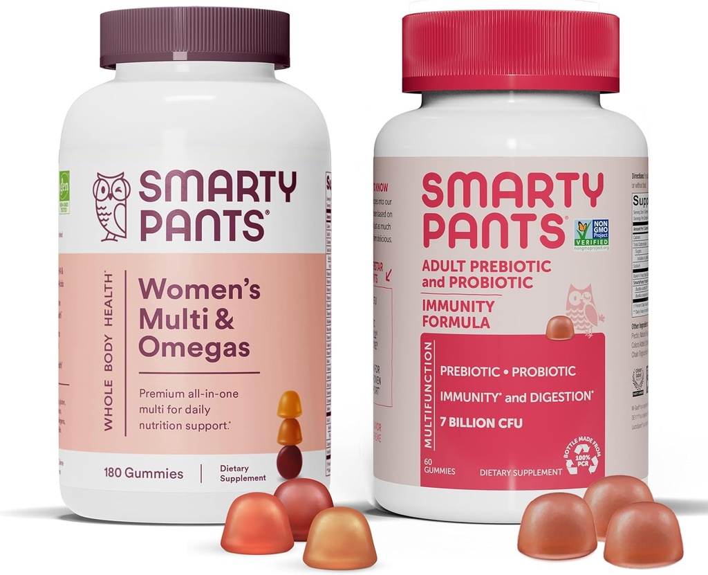 SmartyPants Women's Multivitamin and Probiotic Immunity Bundle: Omega 3 Fish Oil (EPA/DHA), Methylfolate, CoQ10, Vitamin D3, C, Digestive &amp; Immune Support Supplement (30 Day Supply)