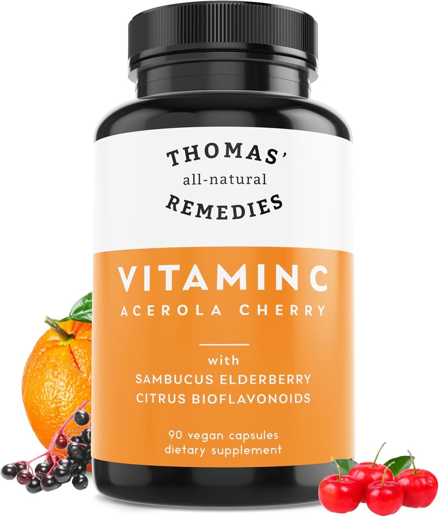 Remedios naturales de Thomas Vitamina C con Elderberry Orgánica, Citrus Ecoflavonids - Suplemento completo de alimentos - No GMO - Raw Vegan - 90 cápsulas