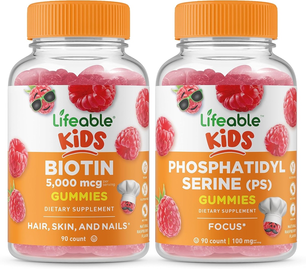 Niños biotinos vivos + fosfatidilserina (PS) Niños, Gluten Free, GMO Gratis, Chewable Gummy