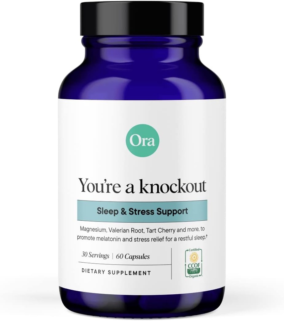 Ora Orgánico Natural Sleep Aid Supplement Stress Support Calming Herbal Blend with Melatonin from Tart Cherry - Incluye Magnesium Citrate, Valerian Root y Lemon Balm - 1 Month Supply, 60 cápsulas