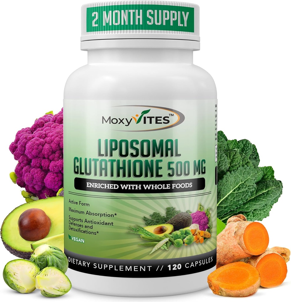 Liposomal Glutathione Suplemento 500mg - Pure L Glutathione (GSH) Reducido - Forma activa, Hecho con Alimento completo orgánico, Complejo fosfolípido no GMO - Antioxidante - 120 Conde