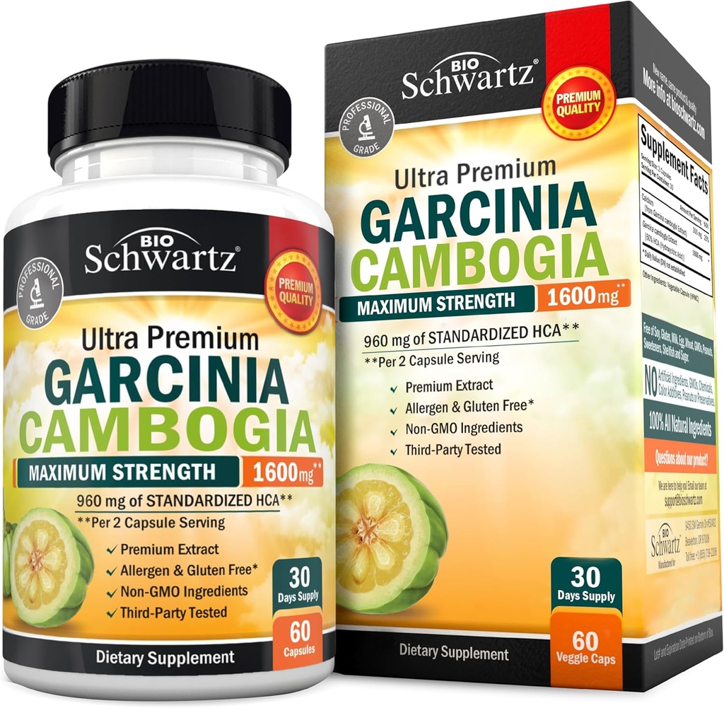 Garcinia Cambogia Píldoras de pérdida de peso - Maximum Strength Appetite Suppressant & Fat Burner for Men & Women - 1600mg Extracto natural & 960mg HCA - Metabolism Booster & Carb Blocker Capsules - 60Ct