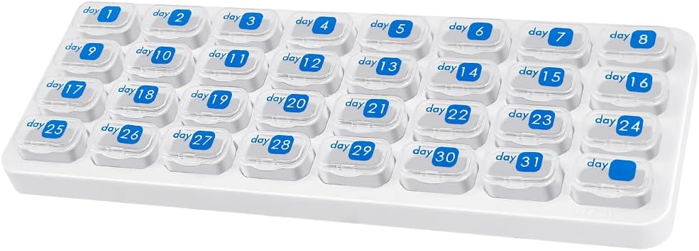 Organizador mensual de píldoras, caja grande de carga de viaje 31 días, caja de píldoras diarias, contenedor de píldoras para la vitamina, medicina, suplemento, aceite de pescado, claro