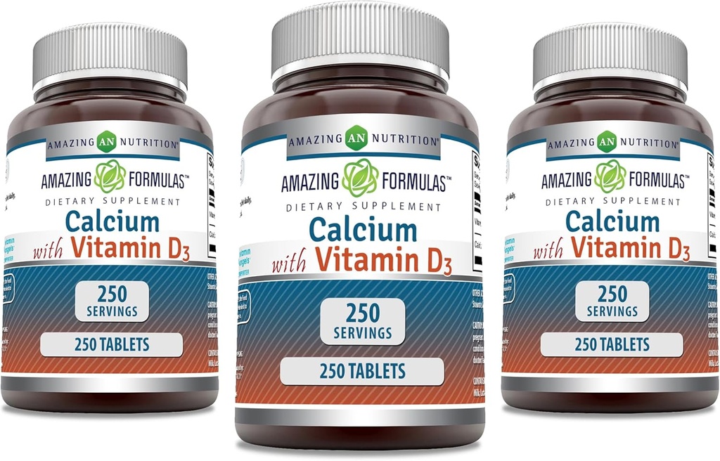 Fórmulas increíbles Calcio con Vitamina D3 Suplemento TENIDO Tablets ANTE NO GMO TENIDO Gluten-Free TEN Made in USA (3 Pack, 250 Count)
