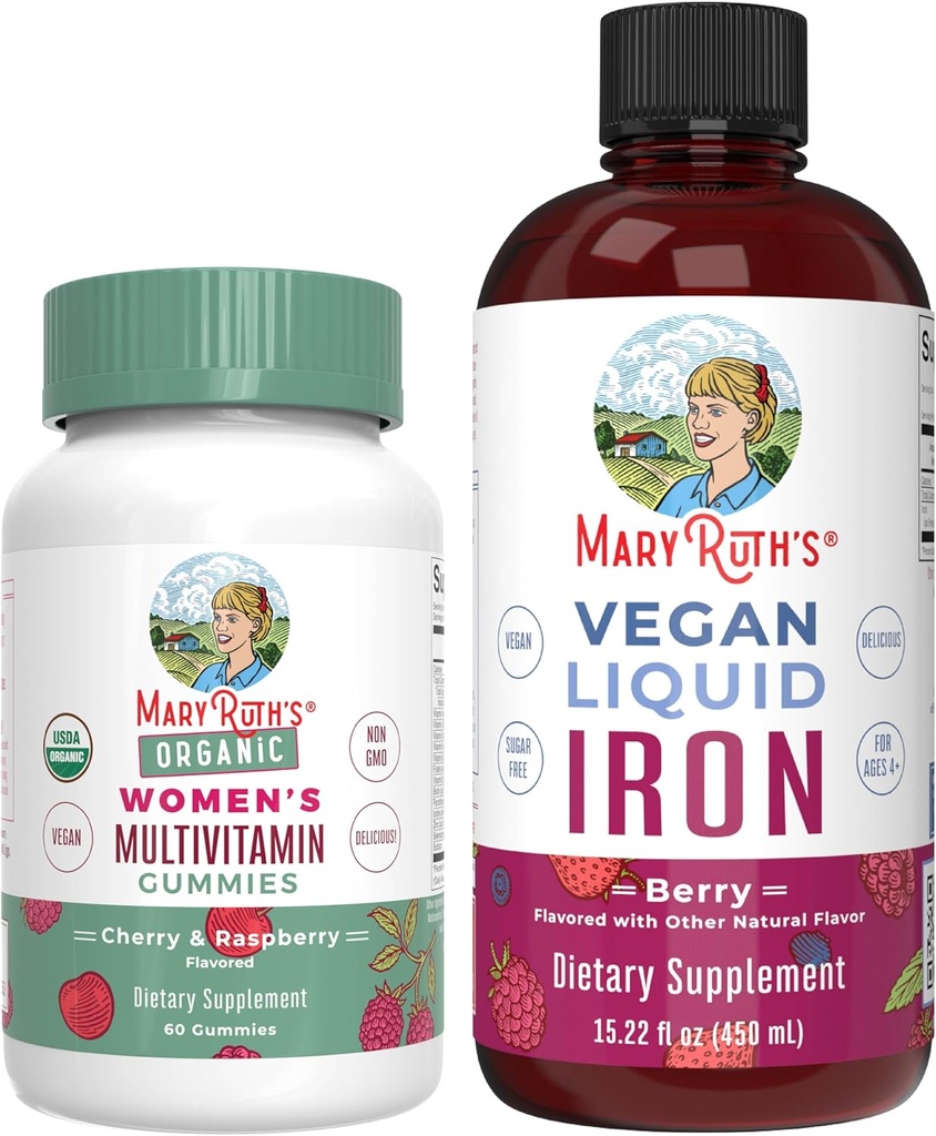 Multivitamina de MaryRuth Gummies for Women (Cherry & Raspberry) & Iron Liquid Supplement (Berry) ← Clean Label Project Verified® ← USDA Organic, Vegan, Non-GMO ← Belleza, Inmunidad & Salud general