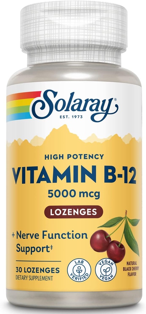 SOLARAY Vitamina B-12 5000mcg Lozenges  Natural Cherry Flavor ← Energía saludable & Nerve Función Soporte ← 30ct