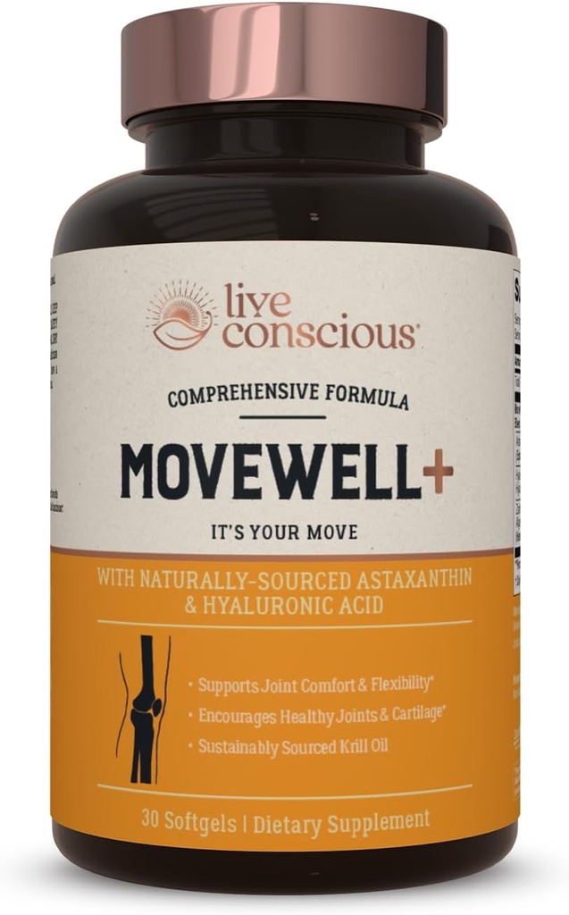 Suplemento conjunto de salud consciente en vivo - MoveWell Plus Aceite de Krill Antártico, Astaxanthin Natural y Ácido Hialurónico Silencioso Glucosamina