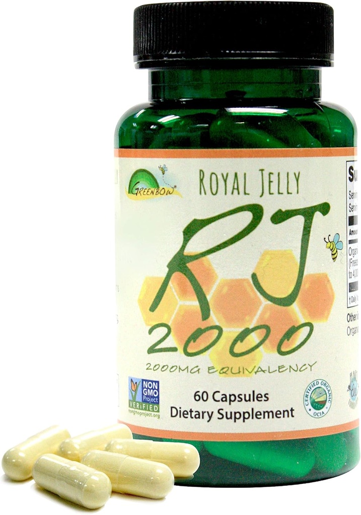 Greenbow Royal Jelly 2000mg Equivalencia – Non GMO Hecho con la jalea real orgánica - Uno de los más nutritivos empaquetados – (60 cápsulas Vegan)