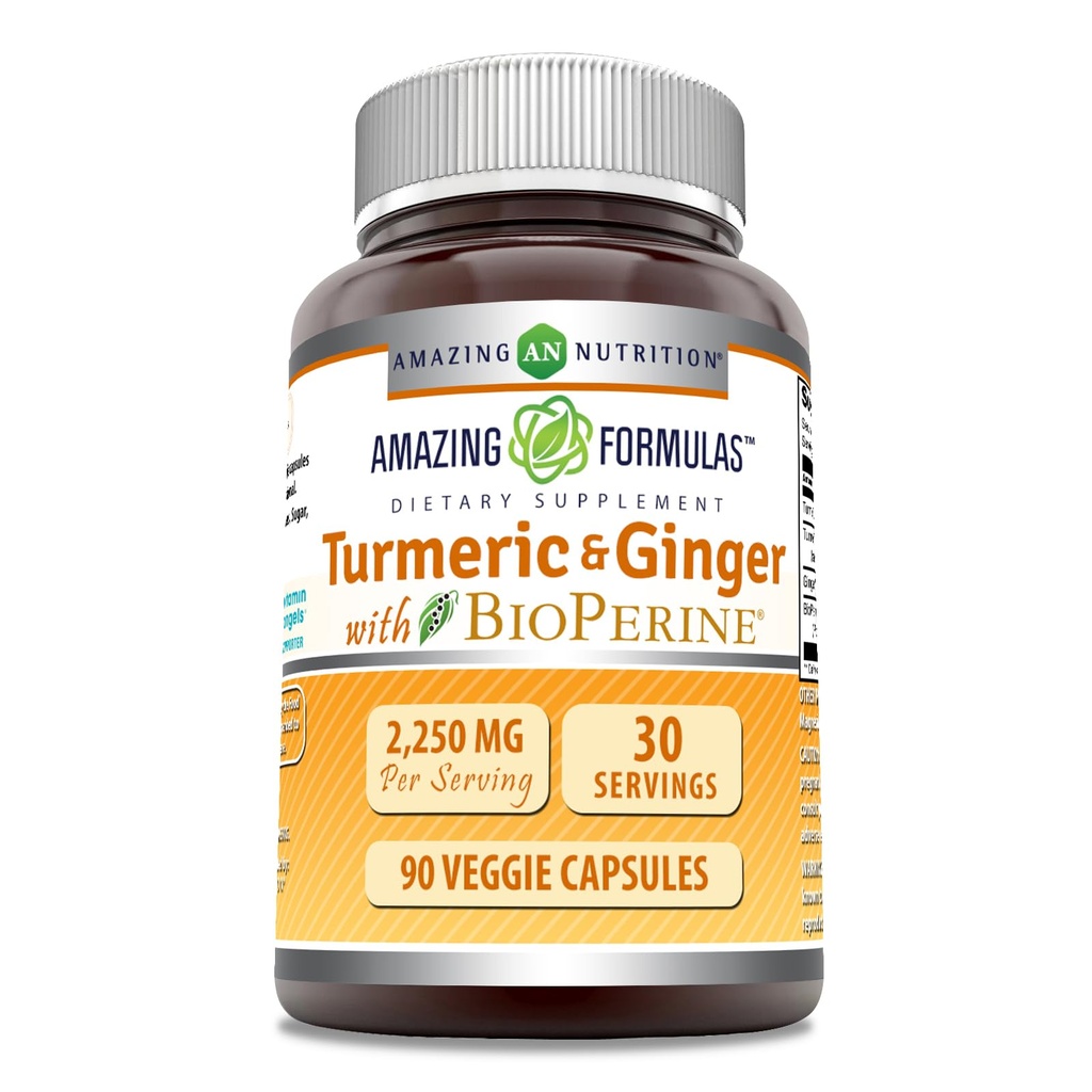 Amazing Formulas Turmeric Curcumin " Ginger with BioPerine Supplement TEN 2250 Mg TEN 90 Veggie Capsules ← Non-GMO TEN Gluten Free TEN Made in USA