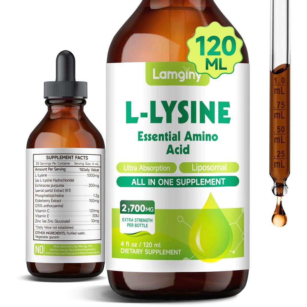 L-lysine 1000mg Supplement, Liposomal Lysine Liquid Drops for Adults, Essential Amino Acid - Immune Support, Skin & Lip Health, Collagen Synthesis, Vegan, Non-GMO & Gluten-Free, 4 fl oz