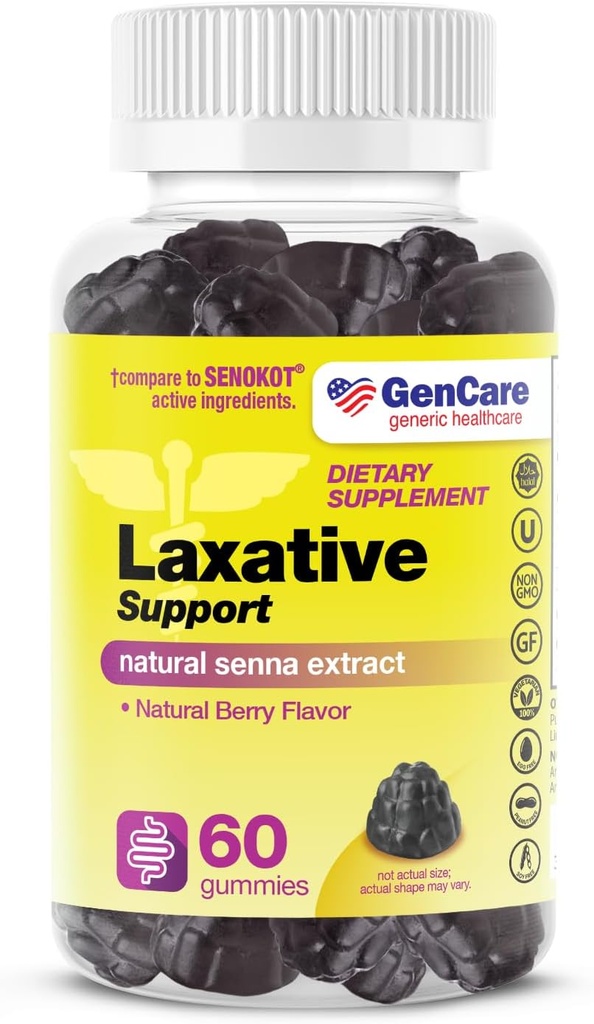 GenCare - Soporte Laxante Gummies with Natural Senna Extract (60 Gummies) - Gentle Overnight Relief of Occasional Constipation for Adults and Children 6 and Older - Non GMO Laxante vegetal