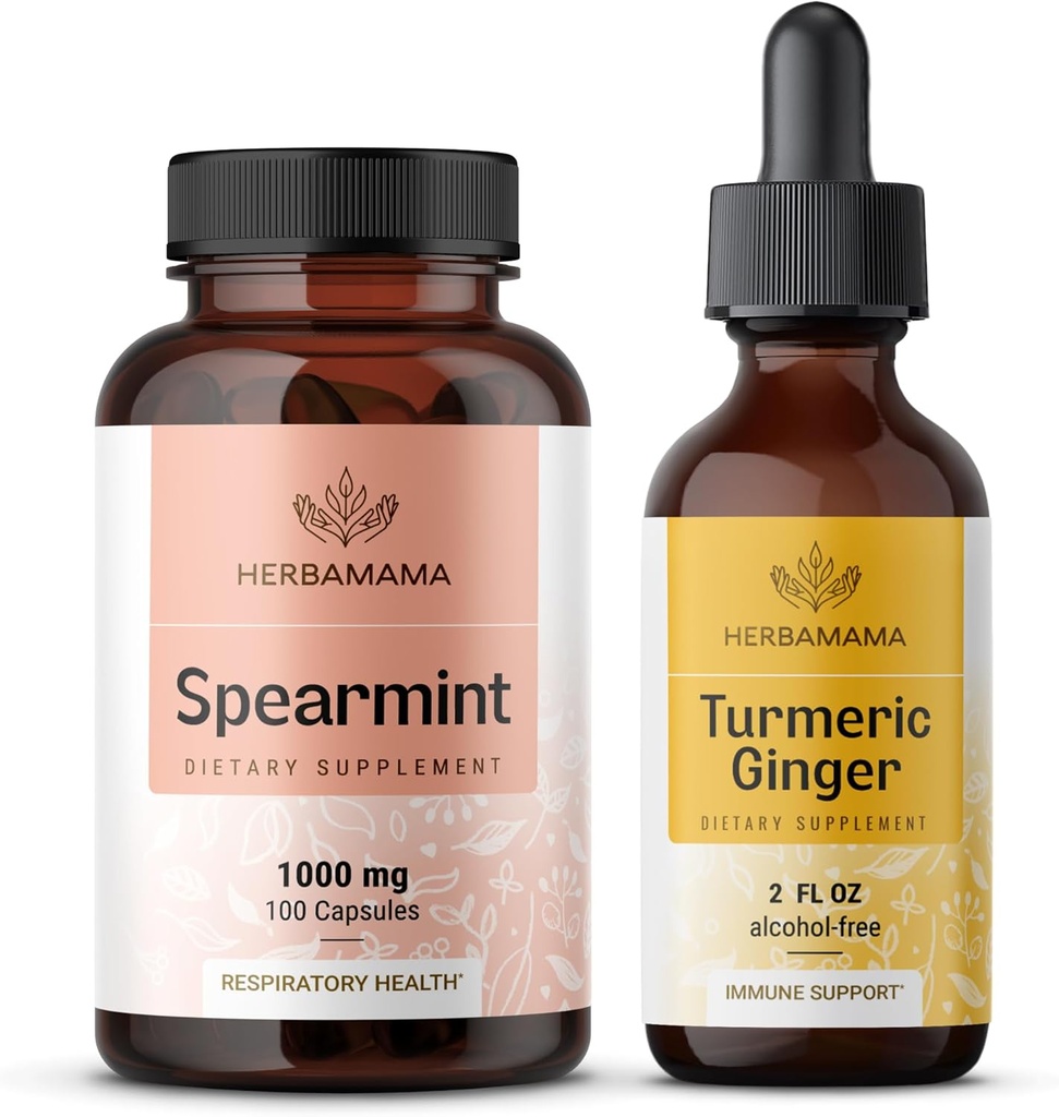 HerBAMAMA Spearmint y Turmeric Ginger Kit - Agrupo de 1000 mg Spearmint Leaf Capsules " Turmeric Ginger Tincture 2 fl oz - Vegan, No GMO, Azúcar " Libre de alcohol - 2 Pack
