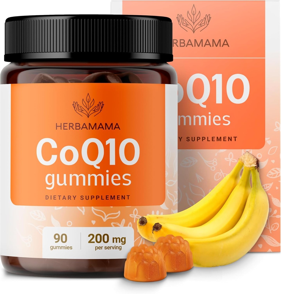 HERBAMAMA CoQ10 Gummies - 200mg Coenzyme Q10 para soporte antioxidante - Vegano, no GMO Suplemento de apoyo a la energía diaria - 90 Pectin-Based Banana-Flavored Chews