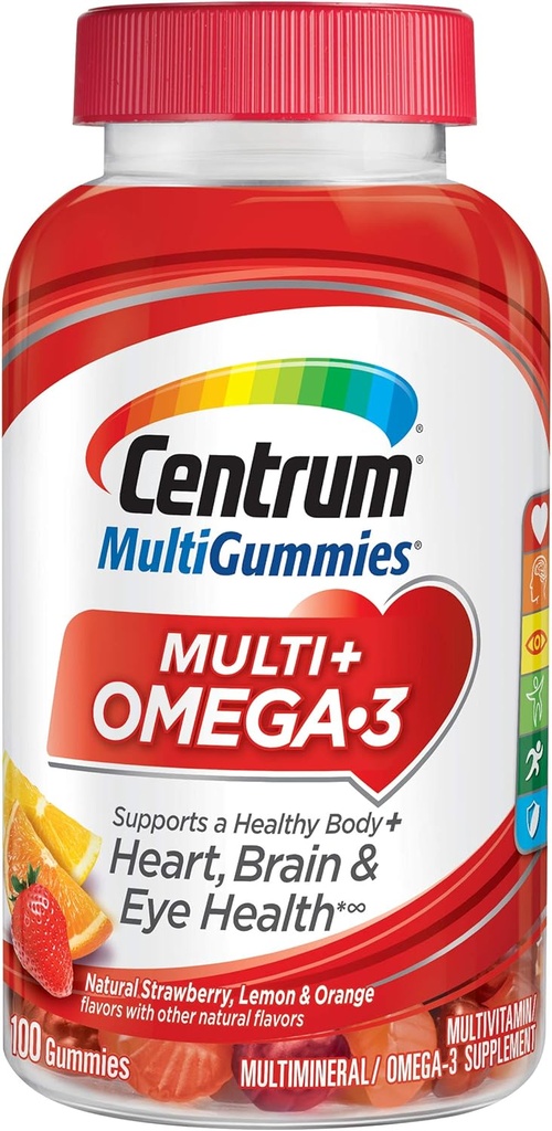 Centrum MultiGummies Omega 3 Gummy Multivitamínico para Adultos, Suplemento Multivitamina/Multimineral, Sabores de Fresa/Lémon/Orange - 100 Condes
