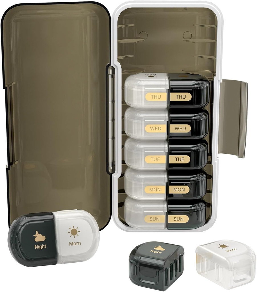 [BRSROFIROZYBO3IZ] Organizador semanal de píldoras 2 veces al día, Moisture-Proof, Compartimientos desmontables, AM PM Pill Box 2X 7 Day, Organizador de píldoras/Fish Oil/Medication/Vitamin/Supplements (Black + White)