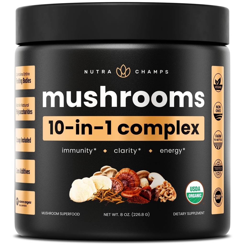 NutraChamps Organic Mushroom Powder - Complejo 10-in-1 - Suplemento de Mushroom Blend para la memoria, Focus &amp; Immune Support - 8oz (8.0 OZ, Mushroom Blend)