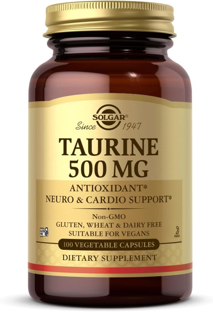Solgar Taurine 500 mg, 100 cápsulas vegetales - Antioxidante - Salud cerebral - Amino Acid - Vegan, Gluten Free, Dairy Free, Kosher - 100 Servings
