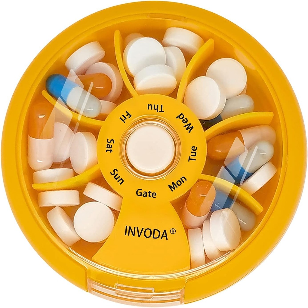 INVODA Organizador semanal de píldoras 7 Caja de píldoras rotativas para medicamentos diarios & vitaminas - Caja de píldoras de viaje portátil Suplementos de aceite de pescado Vitaminas Organizador (Orange)