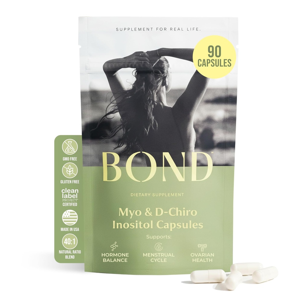 BOND Myo-Inositol " D-Chiro Inositol Suplemento para Mujeres TENIDOS Apoyo Equilibrio hormonal, Ovulación saludable " Ciclos regulares – 40:1 Ratio ← Suplementos de fertilidad para Mujeres ANTE 90 cápsulas veganas (3/día)