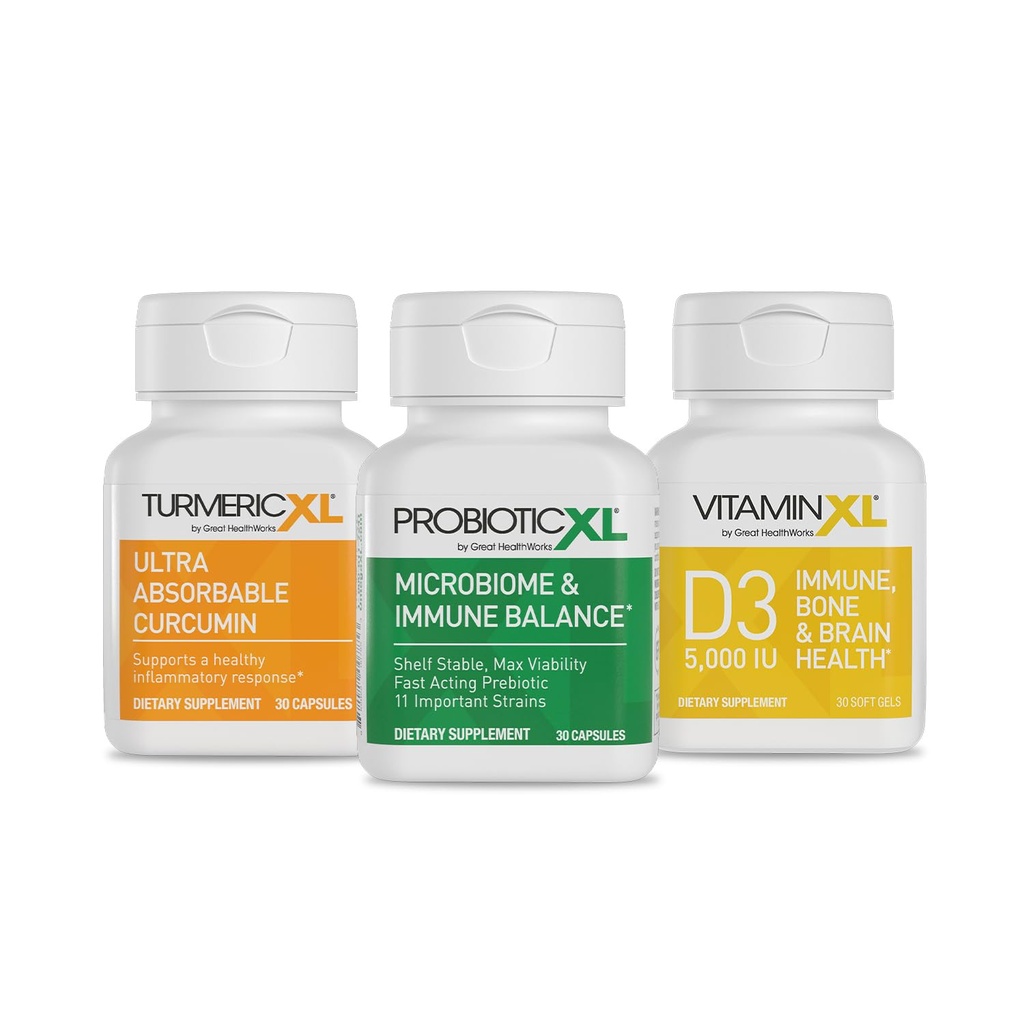 TrioXL - 3 Powerful Supplements That Promote a Strong Immune System, Incluye TumericXL, VitaminXL D3 &amp; ProbioticXL, Gluten-Free Immune Booster, 3-30 Conde