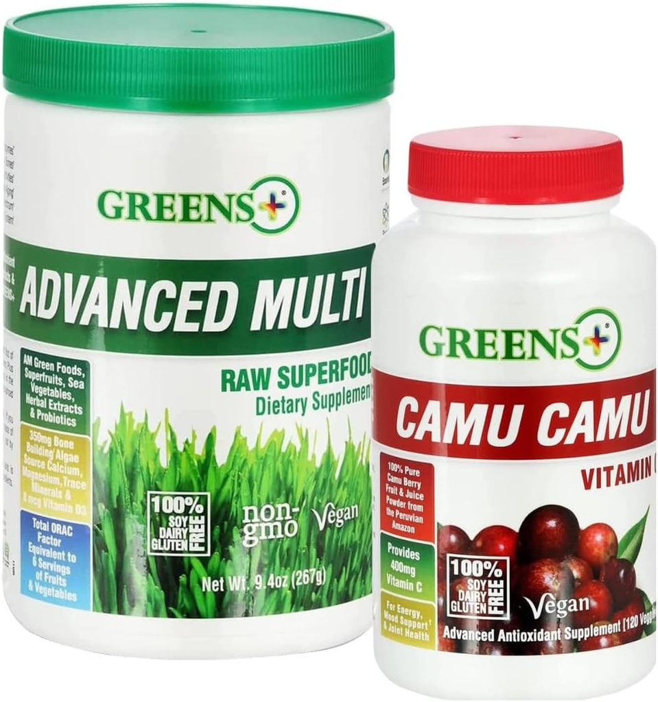 Greens+ Advanced Multi Raw Superfood Powder Healthy Organic Blend, Non-GMO, Soy/Dairy/Gluten Free Camu Vitamin C Supplement Pura Berry SuperFruit 400mg Vitamina C, 120 cápsulas vegetales