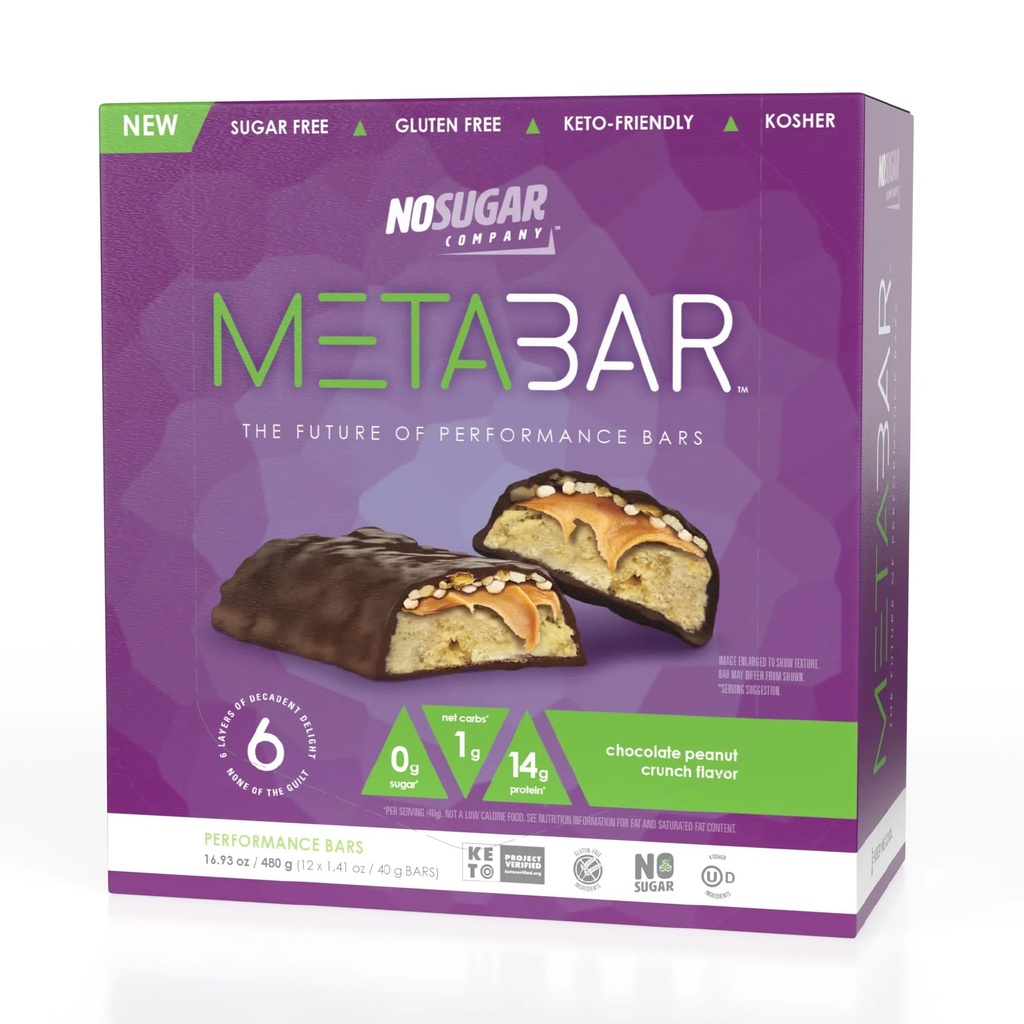 *NEW* No Sugar META BAR - High Protein Energy Bars, 0g Sugar, 14g Protein, Low Net Carb, Chocolate Caramel & Peanut - Grab & Go Protein Snack Bars with Six Layers of Decedent Delight - Gluten Free, Keto Friendly (Chocolate Peanut Crunch, 12 Bars)
