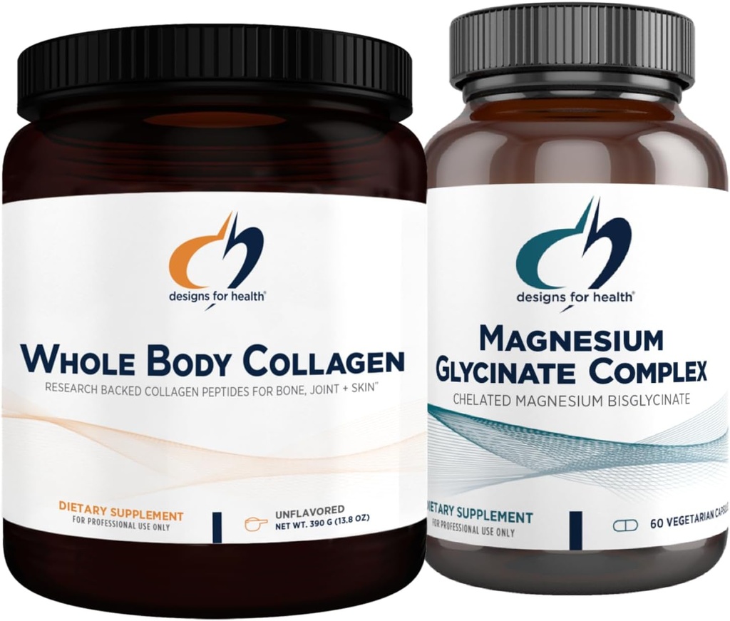 Diseños para el Complejo Glycinate de Magnesio de Salud (60 capsules) & Ple Body Collagen (30 servidos) Bundle - Magnesio de alta absorción con polvo de colágeno Premium para soportar los huesos, la piel & las articulaciones