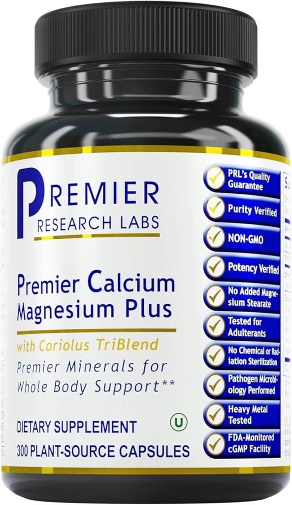 Premier Research Labs Calcium Magnesium Plus - Suplemento de magnesio de calcio, Suplemento de calcio, Magnesio puro, Complejo de baño con reishi & Lions Mane - 300 Vegetarian Capsules