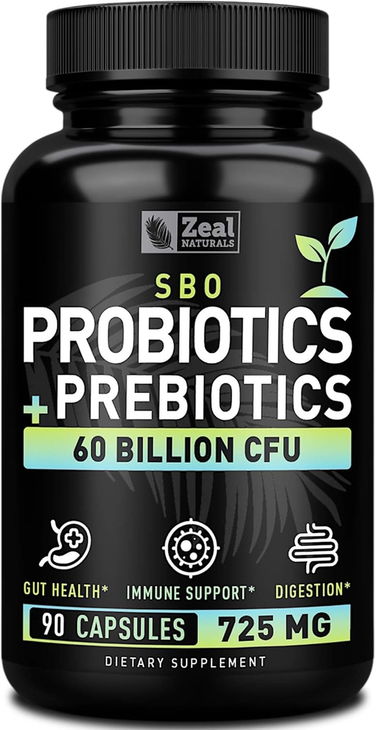 Probióticos y Prebióticos + Probióticos SBO (60 Billones CFU tención 90 cápsulas) Acidophilus Probiotic w. Saccharomyces Boulardii, Bifidobacterium + Spore Probiotic & Organic Sprouted Prebiotic Fiber Blend