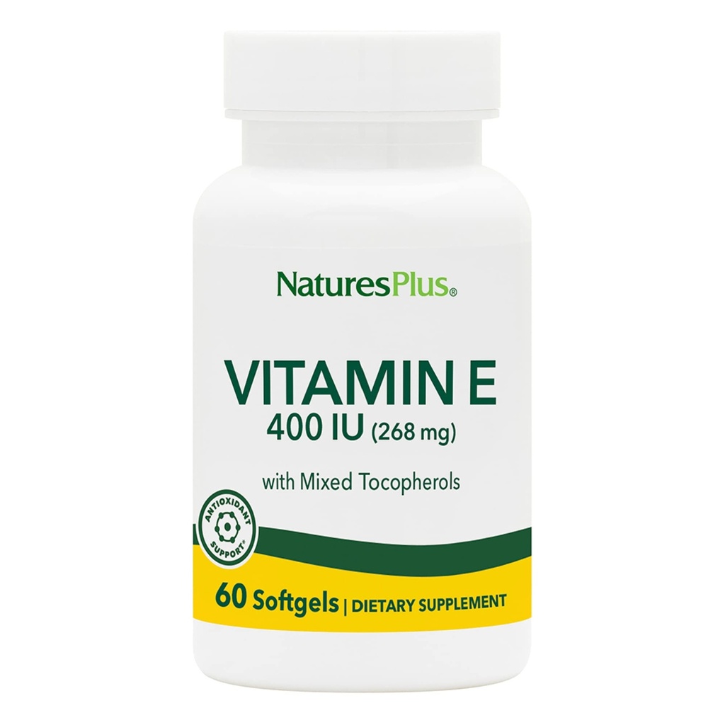 NaturesPlus Vitamina E - 400 iu Mixed D-Tocopherol, 60 Softgels - Easy to Swallow Vitamin E Suplemento, derivado de Natural Soybean Oil - Free-Radical Defense - Gluten-Free - 60 Servimientos