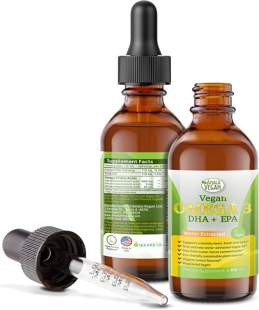 Potent " Organic " Vegan Omega 3 Suplemento líquido: Mejor que el aceite de pescado! Aceite de algas extraídas de agua de base vegetal- DHA EPA DPA ácidos grasos- no GMO- apoya inmuno, corazón, cerebro & salud conjunta-60 dosis