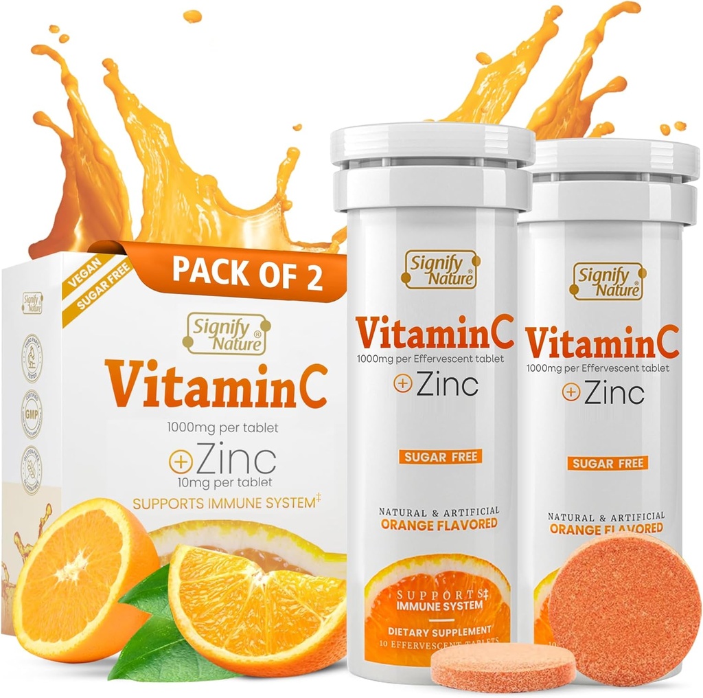 SIGNIFY NATURE Vitamina C 1000mg Tablas de Efervescencia - Potente Soporte de Inmune VIT C con Suplemento Zinc - Fórmula Vegan Libre de Azúcar Silencioso Tablas de vitamina C - Agua Soluble Fizzy Elixir - 20CT