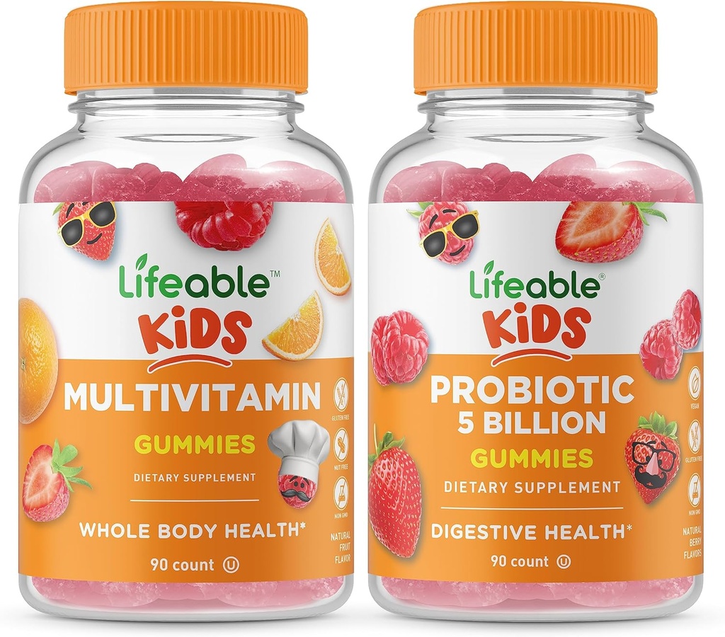 Multivitamina vital Niños + Probióticos 5 Billones Niños, Gummies Bundle - Gran Tasting, Suplemento de vitaminas, Gluten Gratis, GMO Gratis, Chewable Gummy
