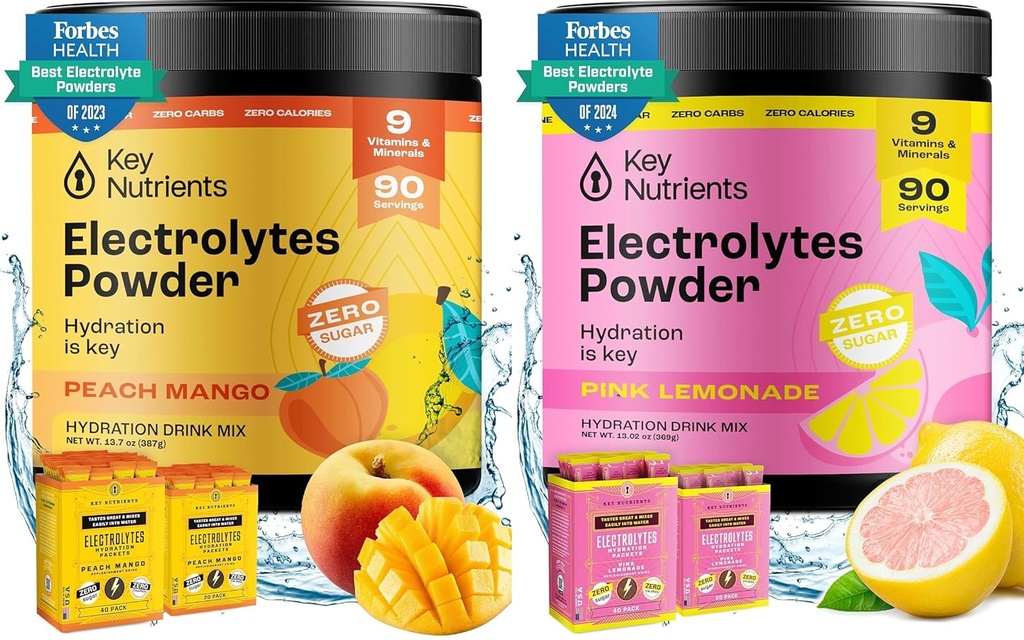 KEY NUTRIENTS Última hidratación " recuperación Electrolyte Bundle – Tropical Peach Mango & Fresh Pink Lemonade, Sugar-Free, 90 Servings Cada uno