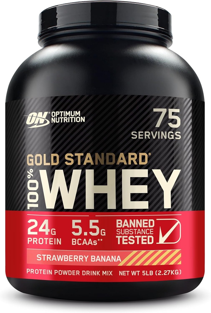 Optimum Nutrition Gold Standard 100% Whey Protein Powder, Strawberry Banana, 5 libras (Packaging May Vary)