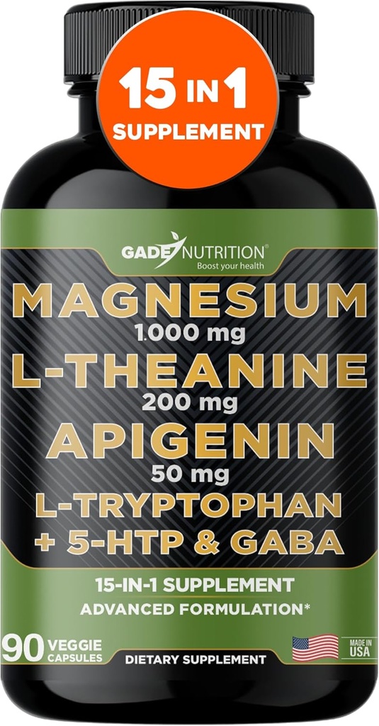 Gade Nutrition Magnesium Glycinate & Magneisum Suplementos con Apigenin, L Theanine 200 mg, 5 HTP, GABA Calm Brain Booster Suplemento Ayuda al sueño Ashwagandha L Tryptophan Chamomile