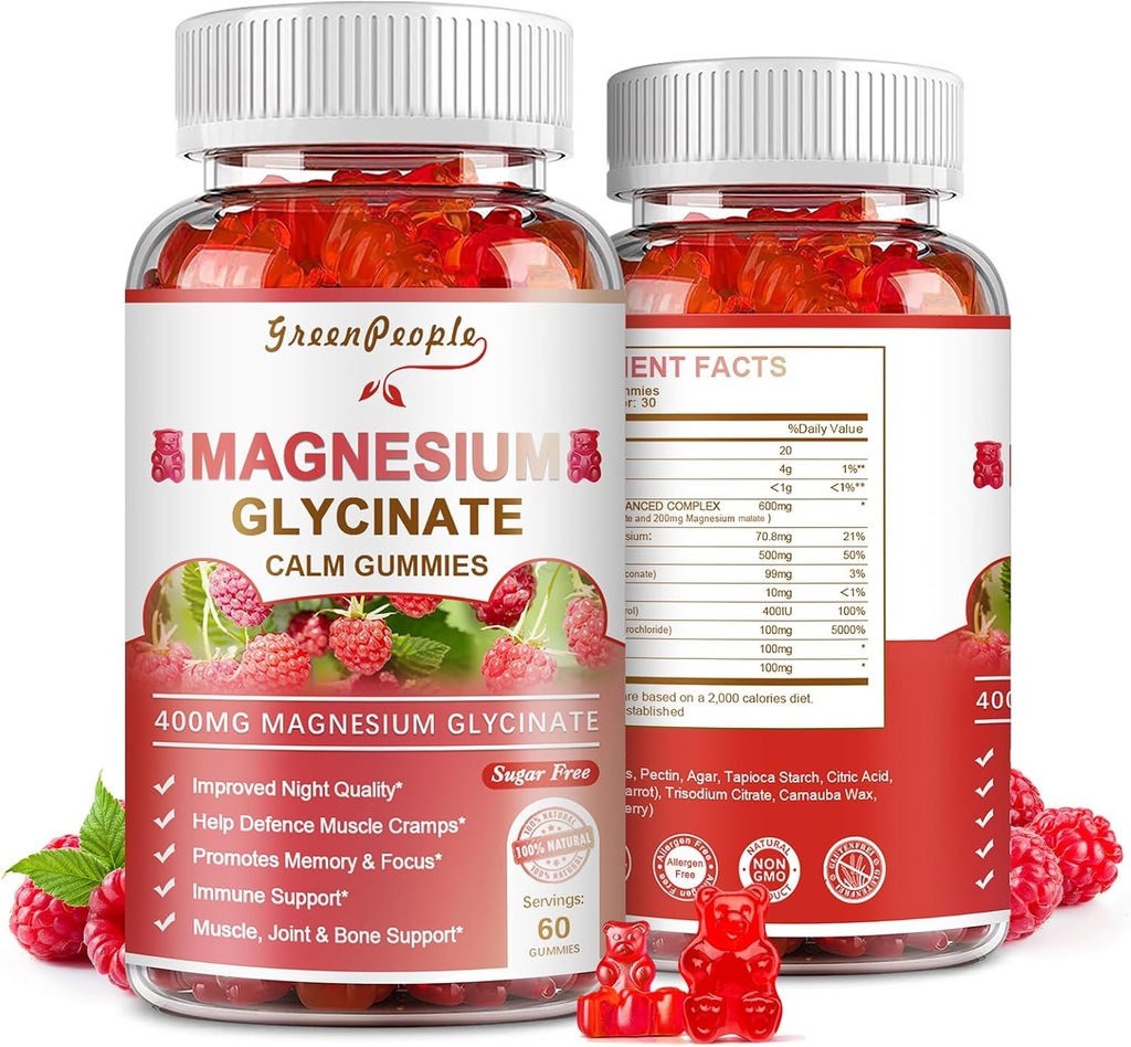 Magnesio Glycinate Gummies 400mg - Suplemento de Potasio de Magnesio Libre de Azúcar con Magesio Malate, Vitamina D, B6, y CoQ10 para el apoyo a la calma " sueño para adultos - Raspberry Gummies