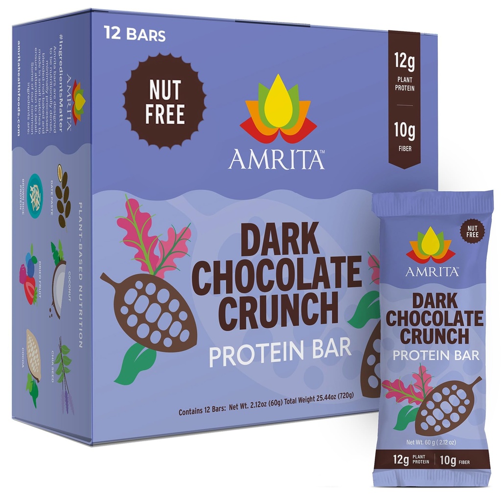 Amrita Nut Free Dark Chocolate Crunch Vegan Protein Bars (12 Count) | 12g Plant-Based Protein Bar | Peanut Free, Gluten Free, and Dairy Free | Low Sugar, High Fiber, Healthy School-Safe Snacks