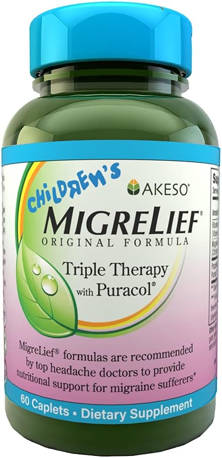 MigreLief® para niños - Terapia triple con PuracolTM - Soporte nutricional para sufridores de migraña pediátrica - 60 Caplets/1 Mes de suministro