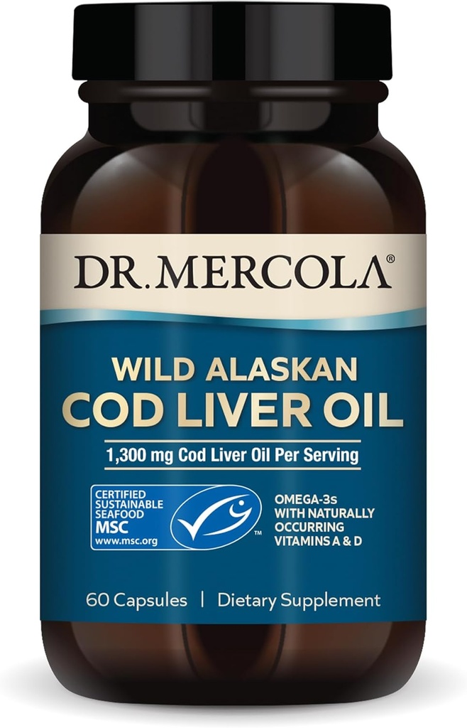 Dr. Mercola Cod Liver Oil, 1.300 mg Por Serving, 30 Servings (60 Capsules), Suplemento dietético, Apoya Cerebro, Hueso y Salud Conjunta, No GMO, MSC Certified