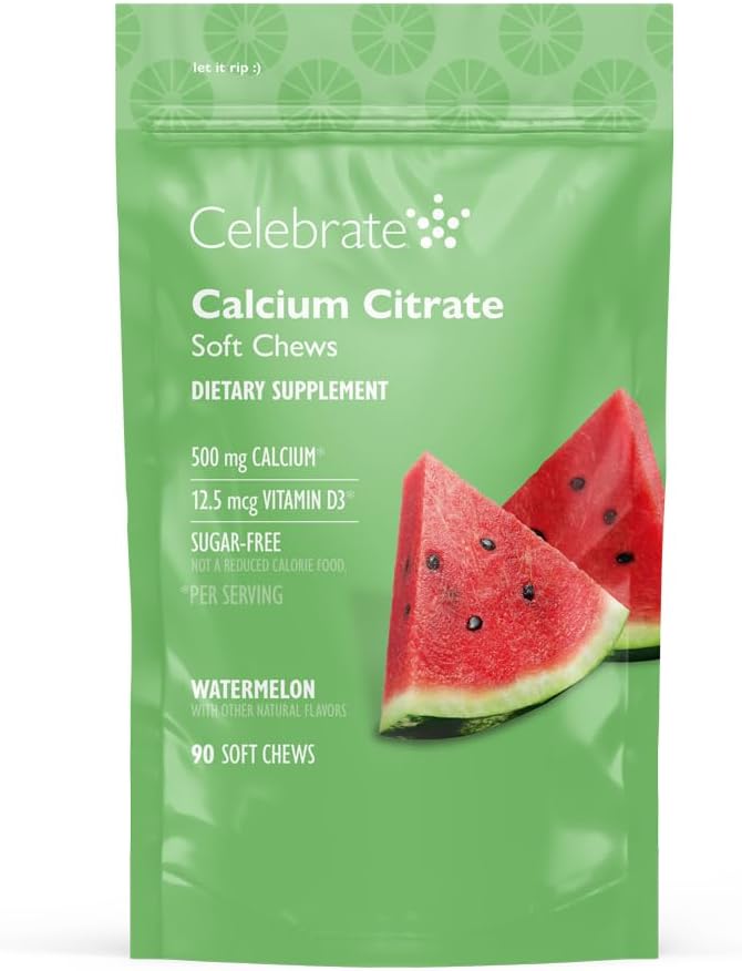 Celebrar vitaminas Bariatric 500mg Calcio Citar cerdas suaves con 500 UI Vitamina D3 – Esencial para el bypaso gástrico Pacientes " Bone Health - Sugar " Gluten Free, Melon (90 Chews)