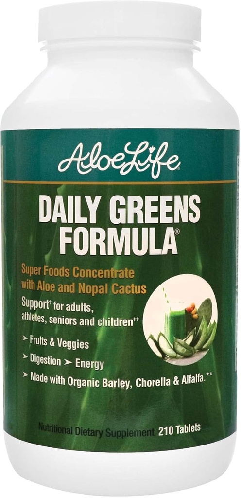 Aloe Life - Daily Greens Tablets, Certified Organic Health Supplement, Antioxidants, 21 Fruits, Veggies, " Herbs including Aloe & Nopal Cactus, Low-Calorie, Keto-Friendly, Gluten-Free (210 Tablets)
