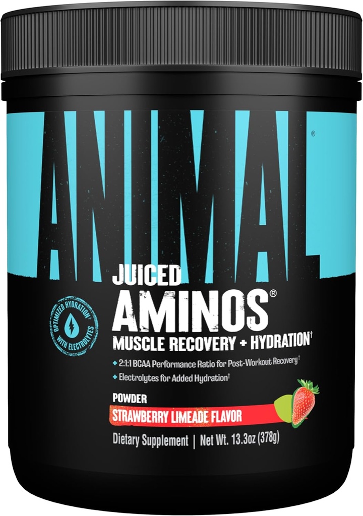 Animal Juiced Amino Acids - BCAA Powder EAA Matrix Plus Hidratación con electrolitos y sal marina Recuperación de tiempo y rendimiento mejorado, sabor de limeada de fresa, 30 servicios