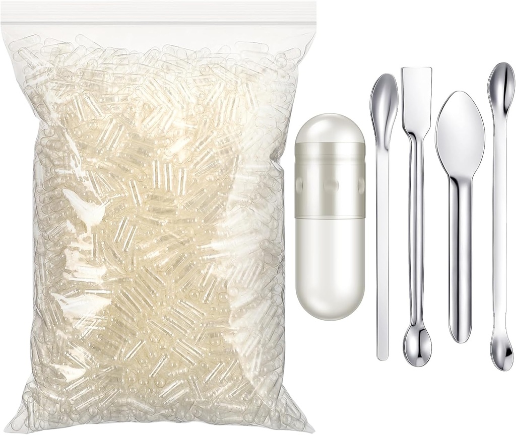 Timgle 2000 cuenta cápsulas vacías con kit de llenado de cucharas de laboratorio transparente Relleno de cápsula vegetal para hacer sus propios suplementos