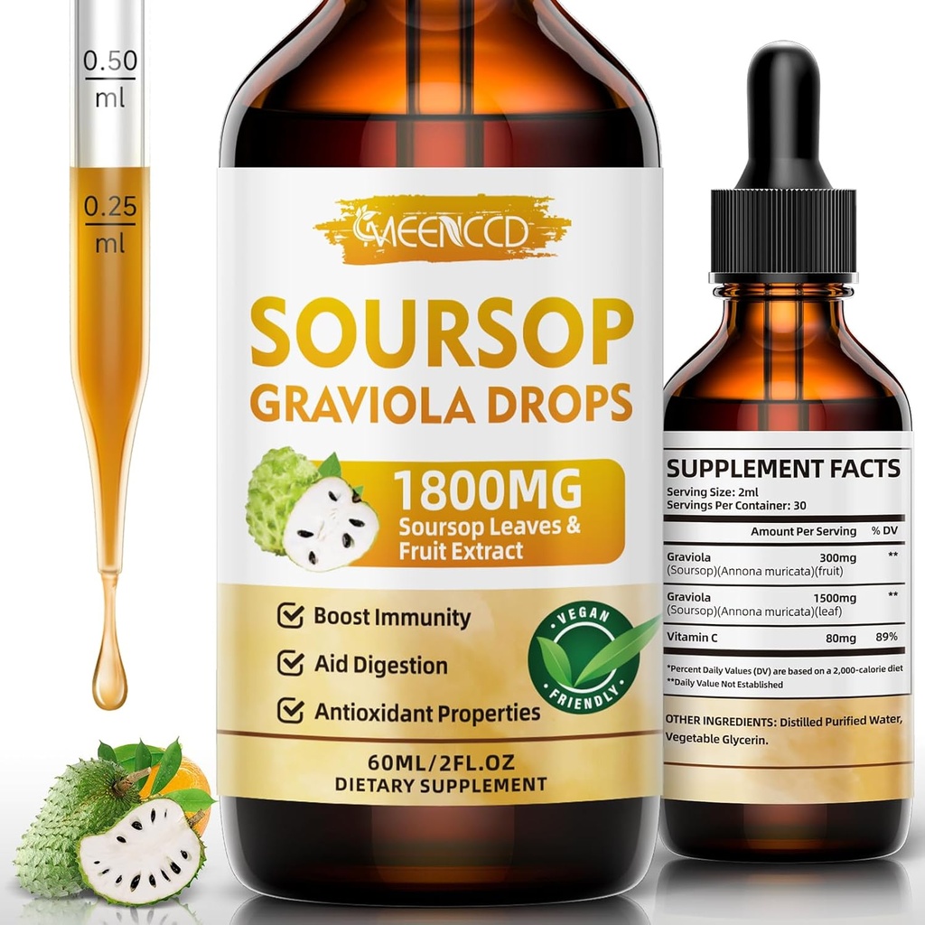 Soursop Graviola Líquido gotas 1800mg, Antioxidante natural, Soporte celular " Regeneración, Immune Boost, Soursop Bitters líquido, libre de azúcar, no GMO, Vegan, Orange Flavor, 2 FL OZ