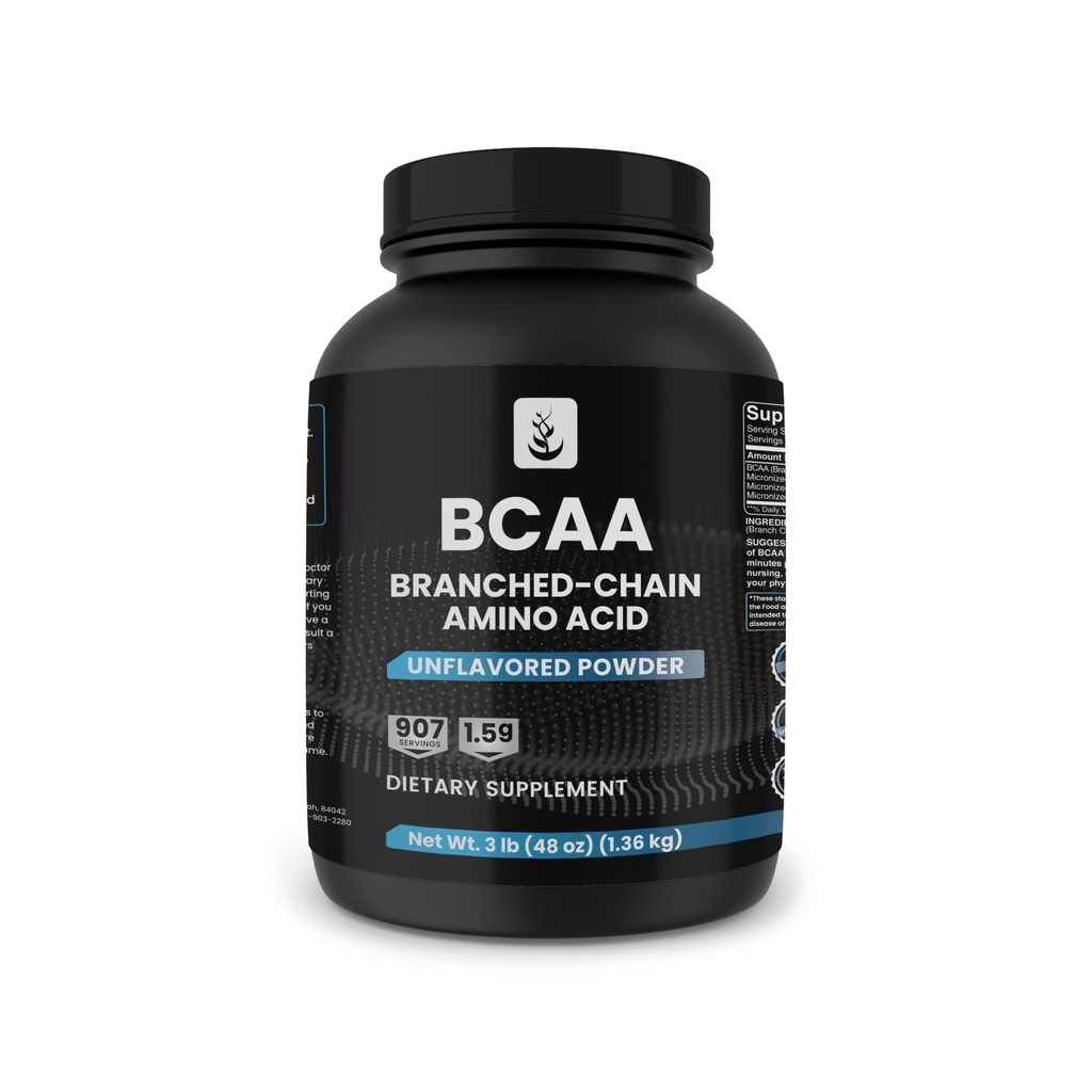 PURE ORIGINAL INGREDIENTES 2:1 BCAA Powder, 3 libras, Aminoácidos de Cadena, Desarrollados, 907 Servimientos, Siempre Puro, No Aditivos o Filleros