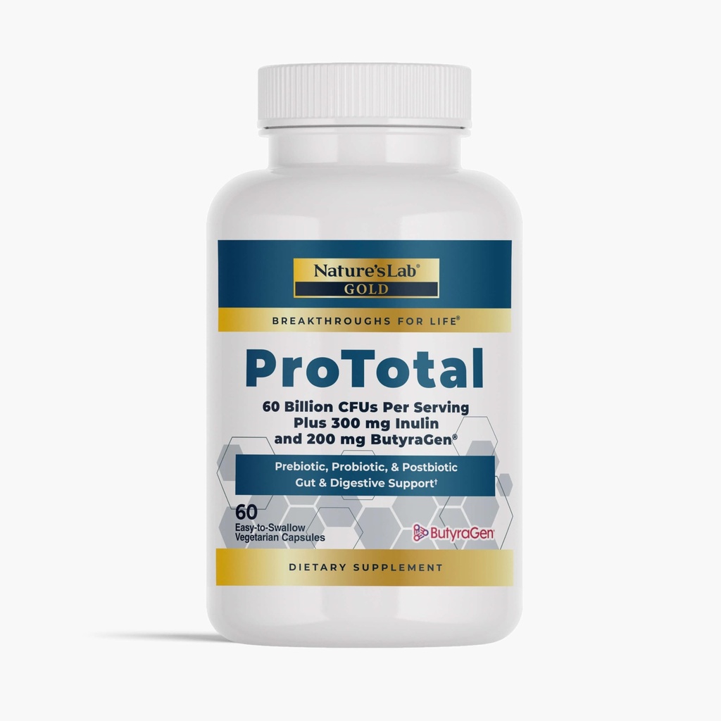 Nature's Lab Gold ProTotal - 60 Billion CFU Probiotic, Prebiotic, Postbiotic, Synbiotic - with Butyragen (Direct Butyrate Generator) 60 Ct