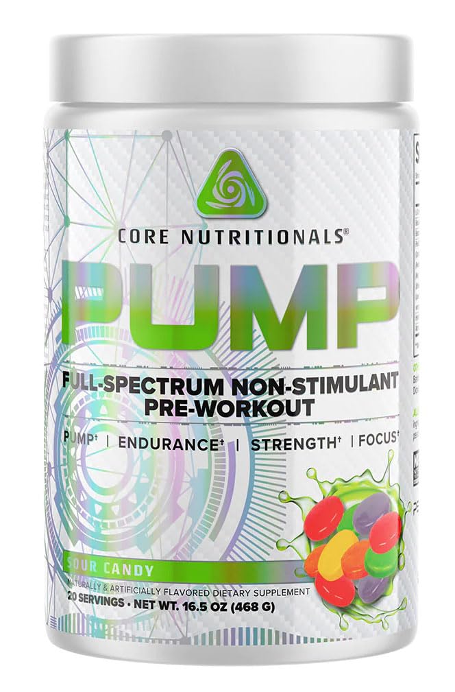 Core Nutritionals Pump Full-Spectrum Non-Stimulant Pre-Workout, with N03T Nitrate, Peak02, Alpha GPC, for Maximum Pump, Strength, and Performance 20 Servings (Sour Candy)